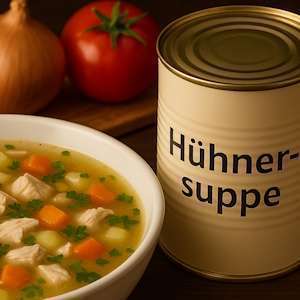 Hühnersuppe im Teller neben einer Dose