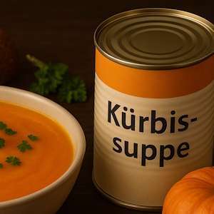 Teller mit Kürbissuppe neben einer Dose