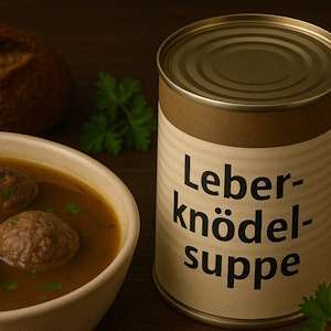 Teller mit Leberknödelsuppe neben einer Dose