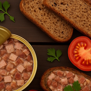 Schwartenmagen in der Dose und Brotscheibe damit belegt