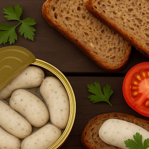 Bildausschnitt einer geöffneten Dose mit Weißwurst