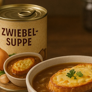 Zwiebelsuppe aus der Dose im tiefen Teller