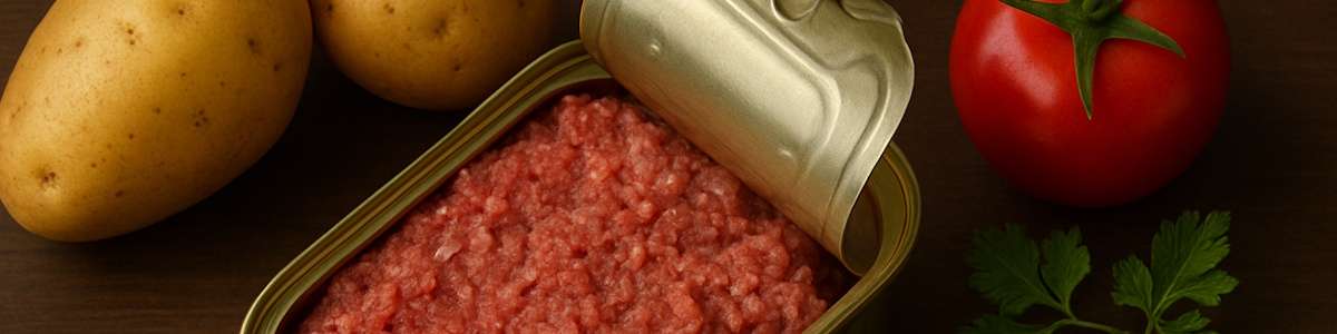 Offene Corned Beef Dose aus dem Vorratsschrank