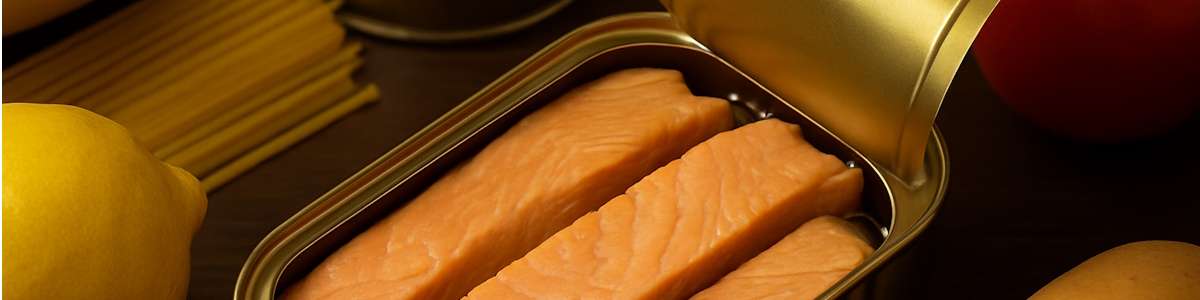 Geöffnete Dose mit Lachs aus dem Vorrat