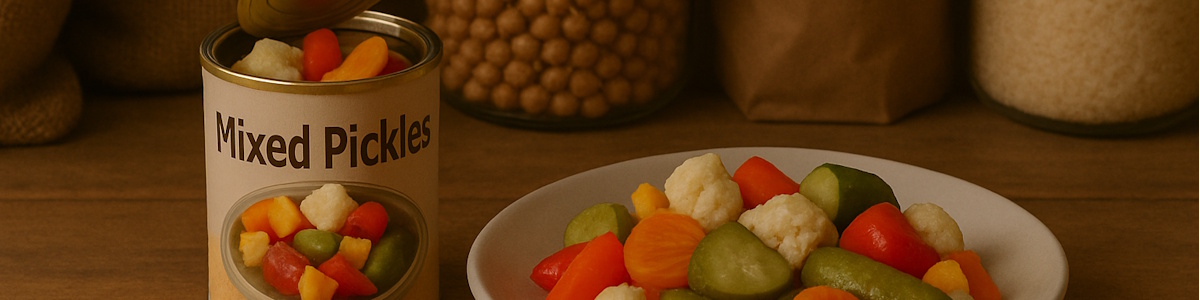 Mixed Pickles aus dem Dosenvorrat auf einem Teller