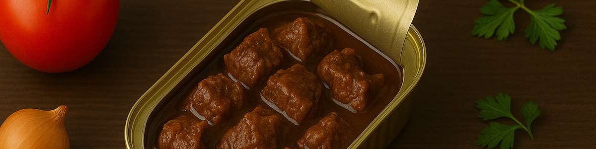 Offene Dose mit Rindfleisch aus der Vorratskammer