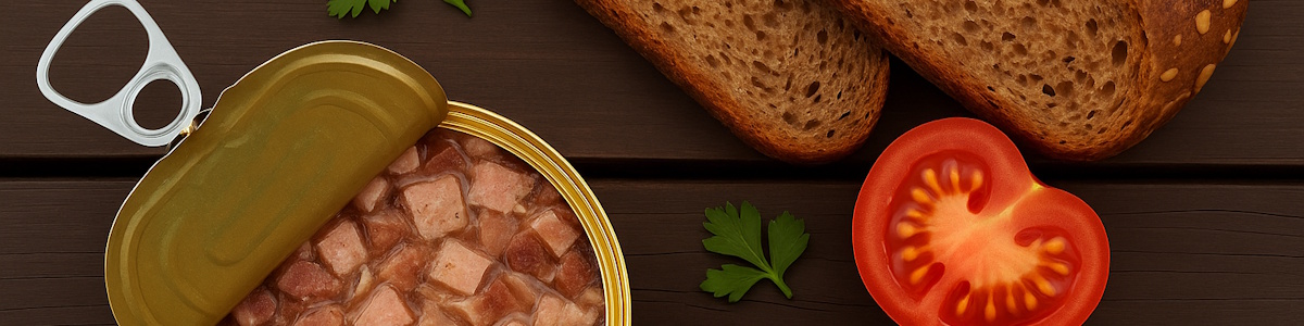 Geöffnete Dose mit Schwartenmagen, Brot, Tomate und Petersilie