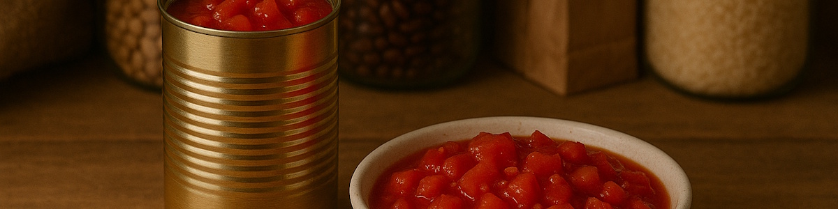 Tomatenstücke in der Dose aus dem Vorratsschrank