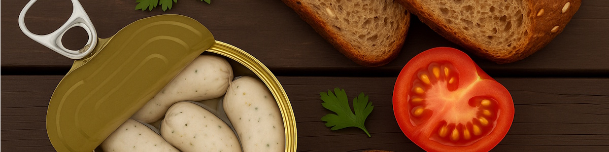 Geöffnete Dose mit Weißwurst, daneben Brot