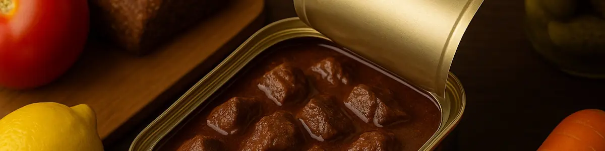 Offene Dose mit Wildgulasch aus dem Vorrat