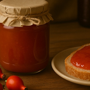 Hagebuttenmarmelade im Glas aus dem Vorrat
