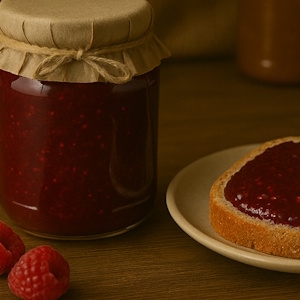Himbeermarmelade auf einer Scheibe Brot