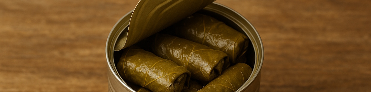 Dolmades - gefüllte griechische Weinblätter in der Dose