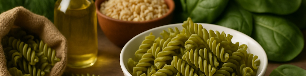 Grüne Spirelli aus dem Vorratsschrank auf einem tiefen Teller
