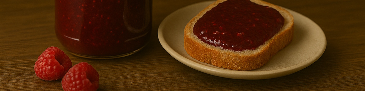Himbeermarmelade aus dem Glas auf einem Brot