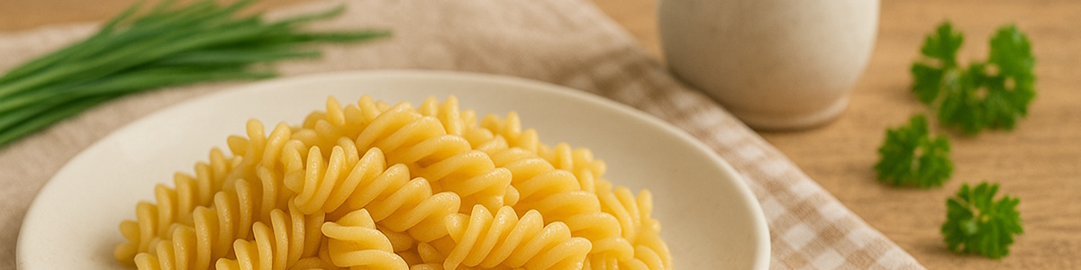 Cremige Fusilli auf Holztisch – regionale Pasta im Stil von Bernbacher