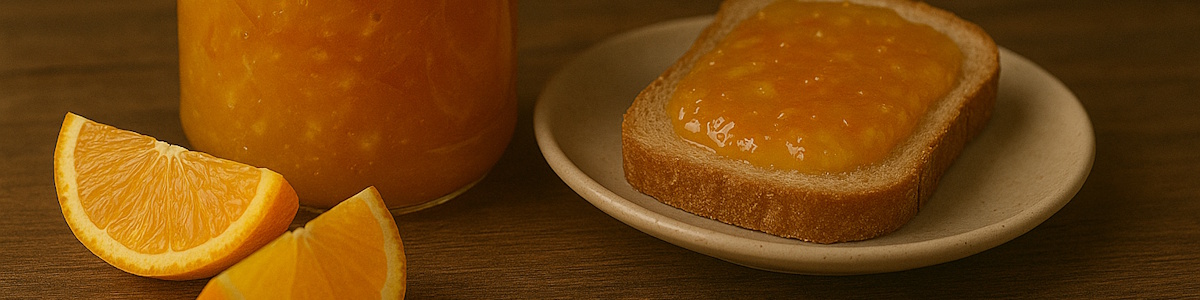 Orangenmarmelade im Glas neben einem Teller mit Brot
