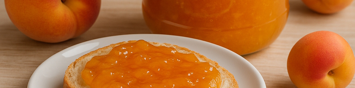 Pfirsichmarmelade aus dem Vorrat auf einer Scheibe Brot