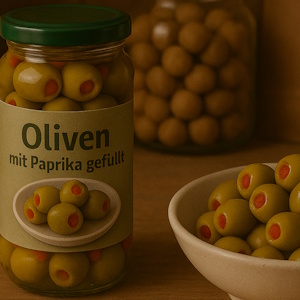 Oliven mit Paprika im Glas