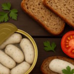 Bildausschnitt einer geöffneten Dose mit Weißwurst